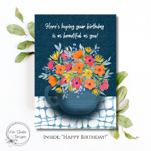 Cartão Buquê Floral em caneca Azul Marinho de aniversário