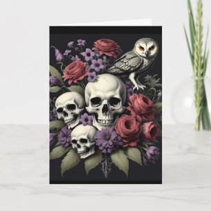 Cartão Buquê gótico com três crânios e um aniversário de 