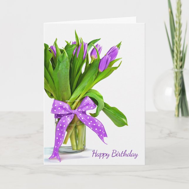 Cartão buquê roxo da tulipa do aniversário no branco (Frente)
