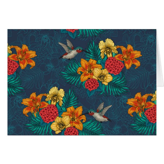 Cartão Buquês tropicais e beija-flores (Frente Horizontal)