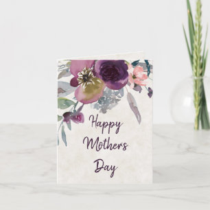 Cartão Burgundy e floral de aquarela rosa no Dia das Mães