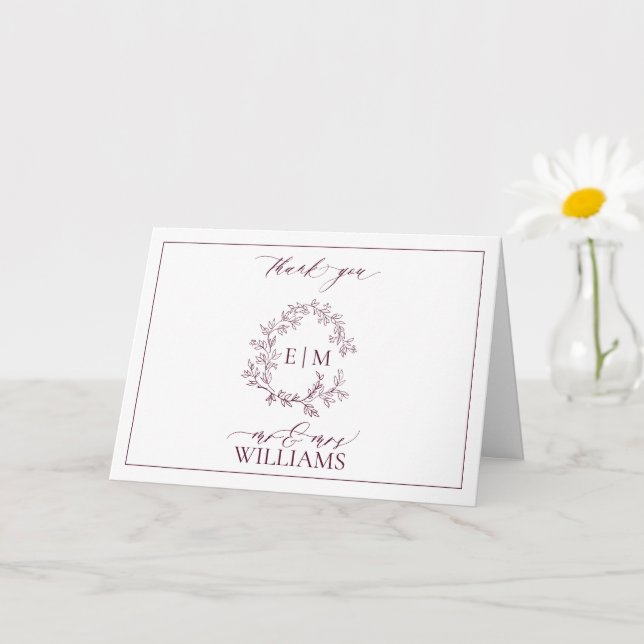 Cartão Burgundy Leafy Crest Monograma Foto Muito Obrigado (Planta pequena)