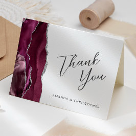 Cartão Burgundy Prata Ágata Script Casamento Agradeciment