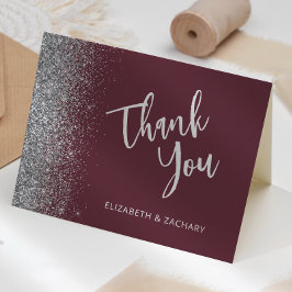 Cartão Burgundy Prata Brilho Script Casamento Agradecimen