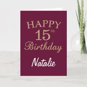 Cartão Burgundy Red and Gold Glitter 15th Birthday Card