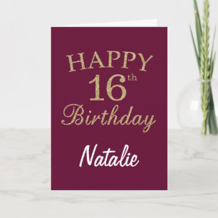 Cartão Burgundy Red and Gold Glitter 16th Birthday Card