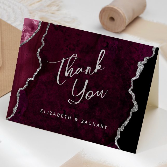 Cartão Burgundy Silver Agate Script Wedding Thank You (Criador carregado)