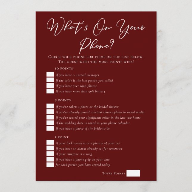 Cartão Burgundy What's On Your Phone Bridal Shower (Frente)