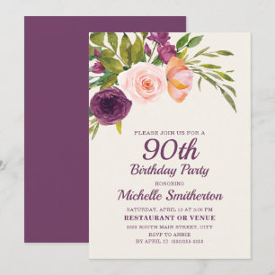 Cartão Burgunle Purple Blush Pink Floral 90 Aniversário