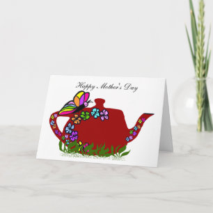 Cartão Butterfly flowers tea pot, Happy Mother's Day card
