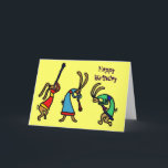 Cartão BY- Funny Birthday Dancing Bunny Card<br><div class="desc">Wonderful funny cartoon dancing bunny rabbits in a kokopelli style happy birthday card  design. Cute and fun</div>