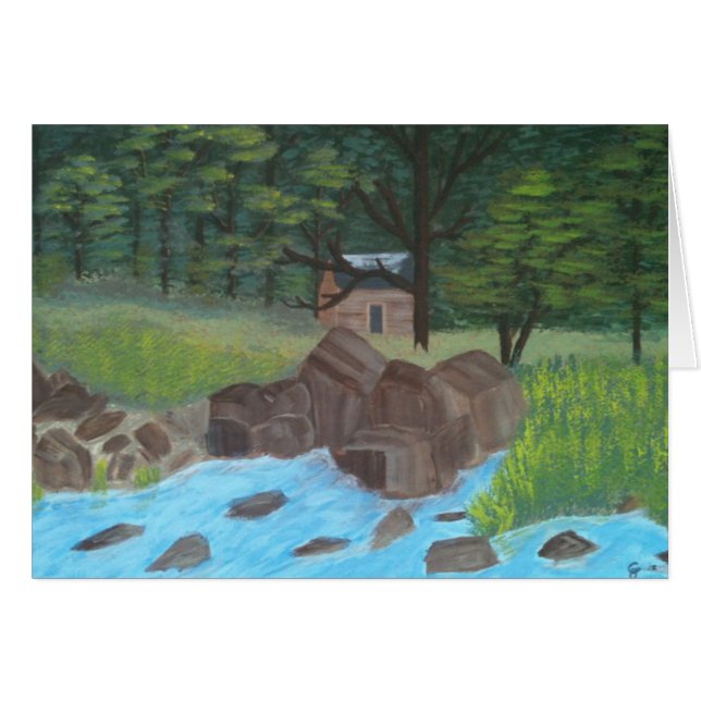 Cartão Cabana rústica de madeira e árvores (Frente horizontal)