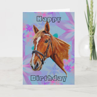 Cartão Cabeça de cavalo em flores Feliz Aniversário.