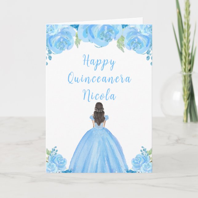 Cartão Cabelo Castanho Princesa Azul Quinceanera (Frente)