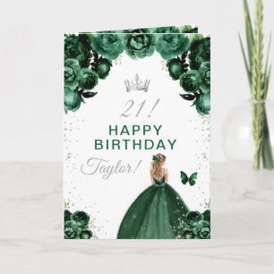 Cartão Cabelo Loiro Floral Verde Garota Feliz Aniversário