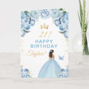 Cartão Cabelo Moreno Floral Azul Garota Feliz Aniversário