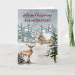 Cartão Cabina russa no Woods Brother Feliz Natal<br><div class="desc">Feliz Natal para um cartão de irmão com uma cena encantadora de uma cabana rustica na floresta com um veado na neve e um verso pensativo.</div>