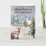 Cartão Cabine rustica no Woods Grandson Feliz Natal<br><div class="desc">Feliz Natal para o cartão de neto com uma cena encantadora de uma cabana rustica na floresta com um veado na neve e um verso pensativo.</div>