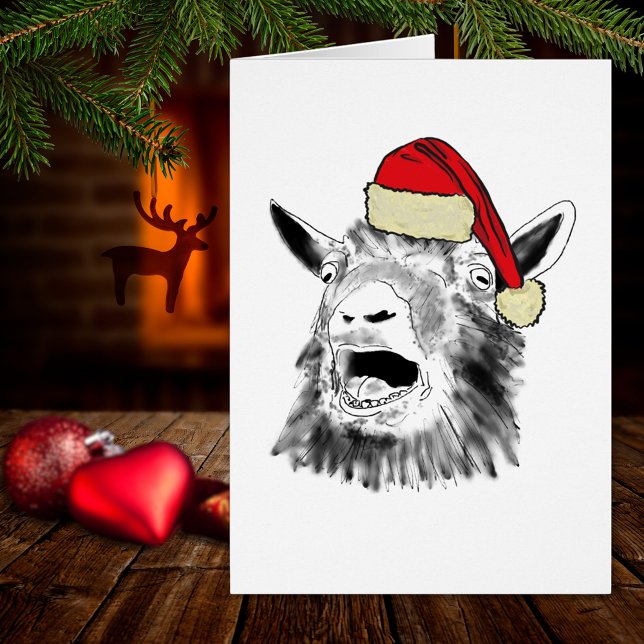 Cartão Cabra de gritos de Natal (Funny Christmas screaming goat wearing a santa hat farm animal art holiday greetings card)