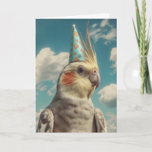 Cartão Cacatua com Chapéu de Aniversário Contra o Céu Azu