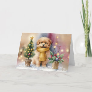 Cartão Cachorrinho Adorável com Cachecol Amarelo & Árvore