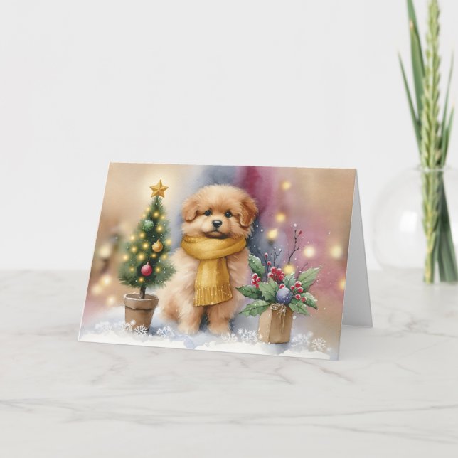 Cartão Cachorrinho Adorável com Cachecol Amarelo & Árvore (Frente)