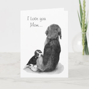 Cartão cachorrinho beagle fofo acariciando a mamãe