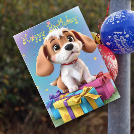 Cartão Cachorrinho fofo bronze e branco com presentes de 