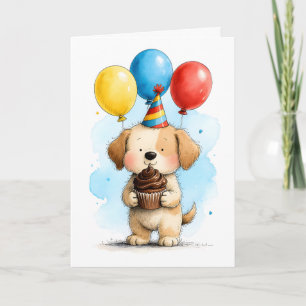 Cartão Cachorrinho Fofo com Bolo de Aniversário Infantil