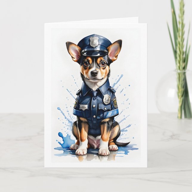 Cartão Cachorrinho Fofo em Uniforme de Polícia Aquarela (Frente)