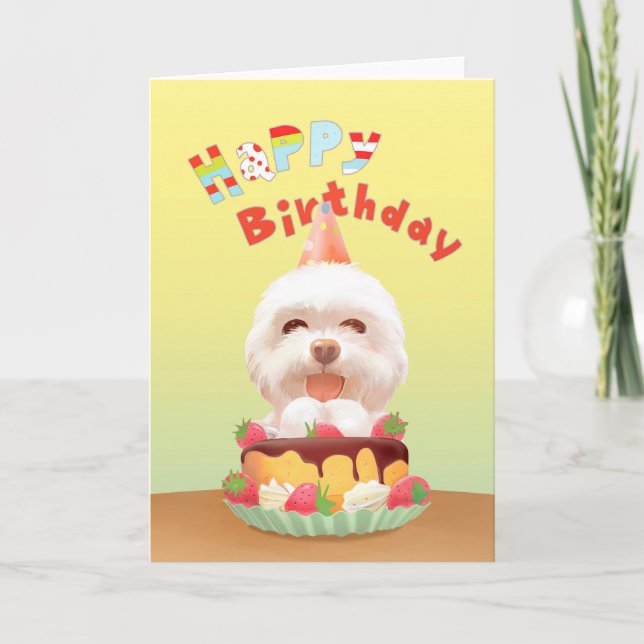 Cartão Cachorrinho Sorriso: Bichon de Aniversário e Arte  (Frente)