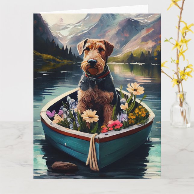 Cartão Cachorro Airedale em um remo: Uma aventura cênica (Flor Amarela)