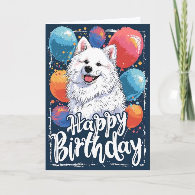 Cartão Cachorro Americano Esquimó com Balões de Aniversár (Frente)