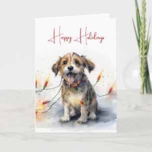 Cartão Cachorro Aquarela Tangido Em Luzes De Férias