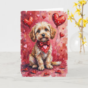 Cartão Cachorro Barbet Valentine Sentado com Corações Ver