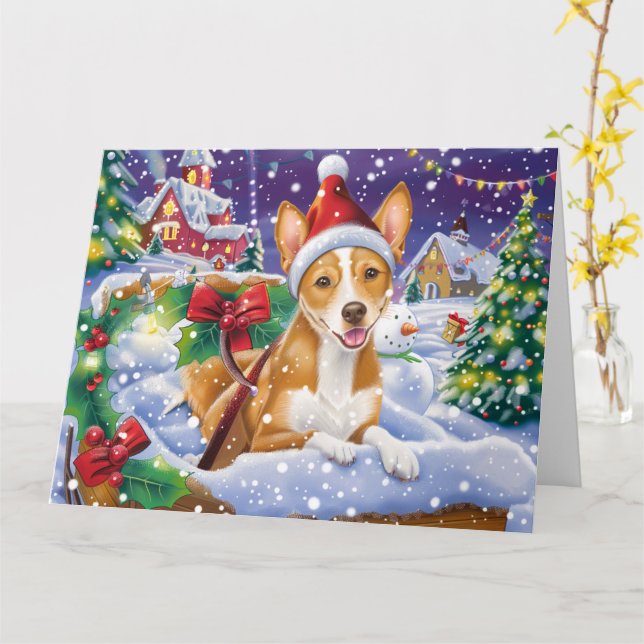 Cartão Cachorro Basenji no Natal da neve em Sleigh (Flor Amarela)