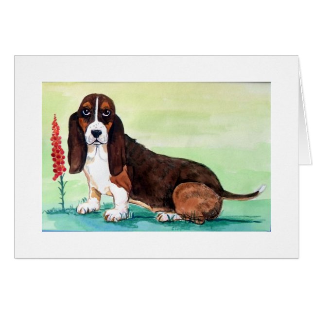 Cartão Cachorro Basset com Flores Foxglove (Frente Horizontal)
