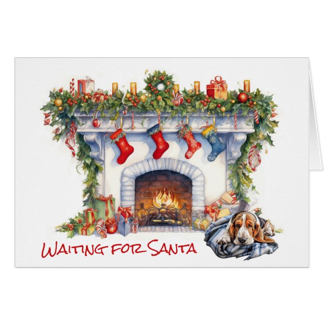 Cartão Cachorro Basset Esperando por Papais noeis (Frente Horizontal)