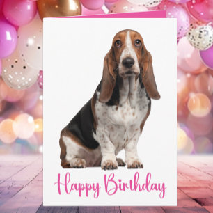 Cartão Cachorro Basset Hound Fofo Aniversário Rosa Mãe de
