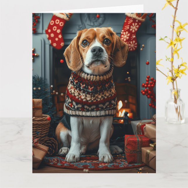 Cartão Cachorro Beagle com Presentes de Natal Lareira (Flor Amarela)