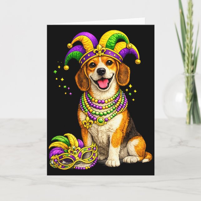 Cartão Cachorro Beagle Fofo com Tema de Mardi Gras  (Frente)