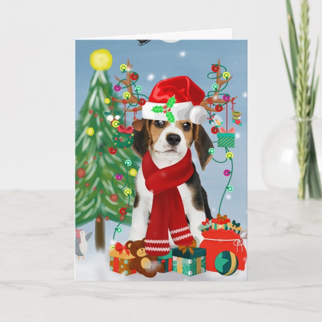 Cartão Cachorro Beagle na Neve com Presentes de Natal (Frente)