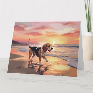 Cartão Cachorro Beagle Sandy Paws no pôr do sol da praia