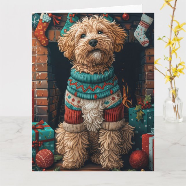Cartão Cachorro Bernedoodle com Presentes de Natal Lareir (Flor Amarela)