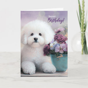Cartão Cachorro Bichon Frise de Aniversário com Flores Ro