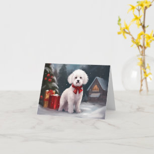 Cartão Cachorro Bichon Frise na Neve Natal