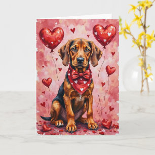 Cartão Cachorro Bloodhound Valentine Sentado com Corações