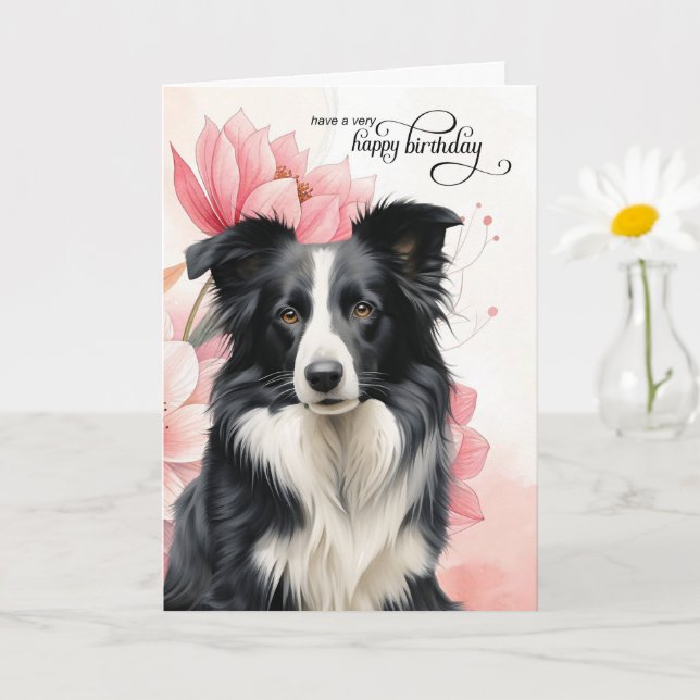 Cartão Cachorro Border Collie Flores Botânicas Rosa Anive (Planta pequena)