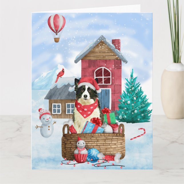Cartão Cachorro Border Collie na Casa de Natal na Neve (Frente)
