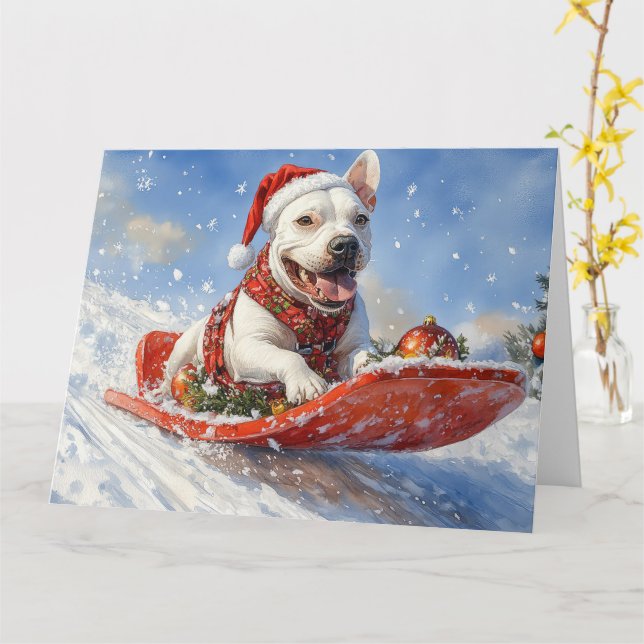 Cartão Cachorro Bull Terrier no Trenó Deixe Nevar Natal (Flor Amarela)